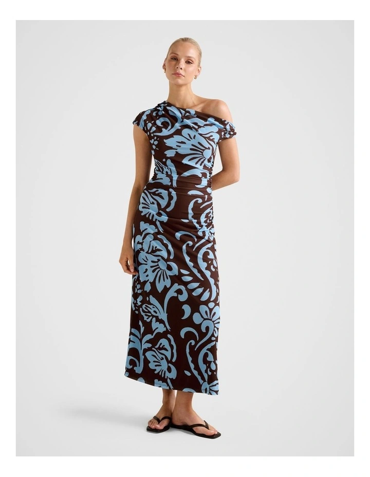 Paris Draped Mesh Midi Dress in Brown image 1