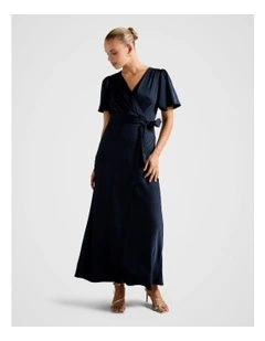 Chelsea Flutter Sleeves Satin Maxi Dress in Navy