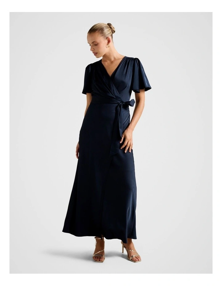 Chelsea Flutter Sleeves Satin Maxi Dress in Navy image 1