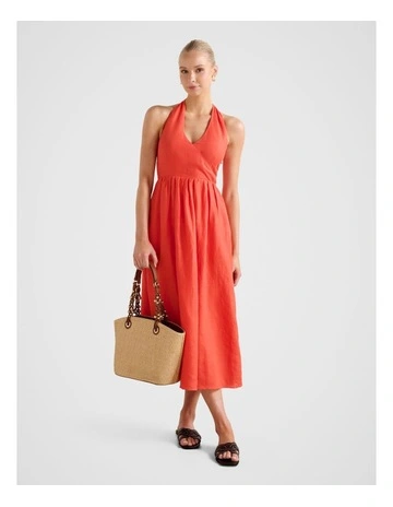 Lilian Wrap Linen Halter Neck Midi Dress in Orange
