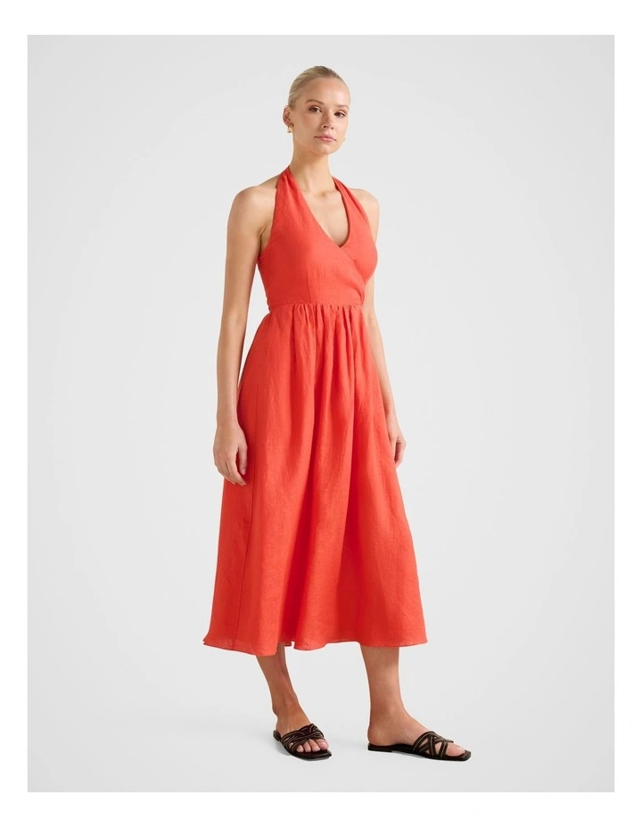 Lilian Wrap Linen Halter Neck Midi Dress in Orange image 3