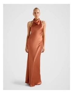 Clementine Halter Neck Satin Maxi Dress in Orange