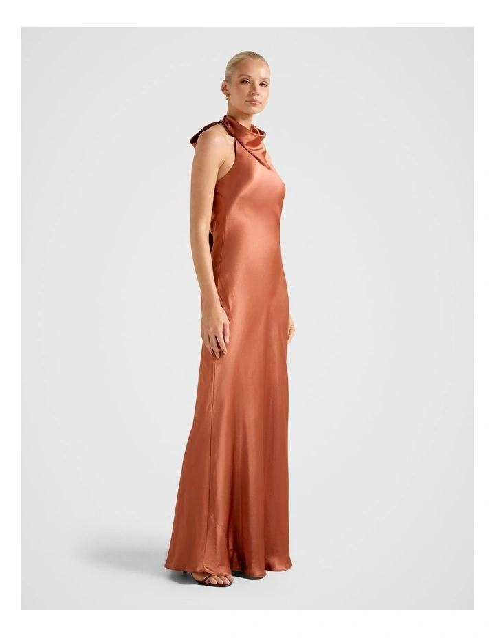 Clementine Halter Neck Satin Maxi Dress in Orange image 3