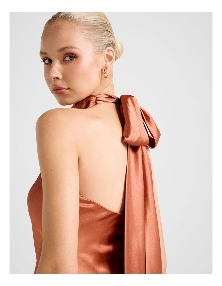 Clementine Halter Neck Satin Maxi Dress in Orange image 4