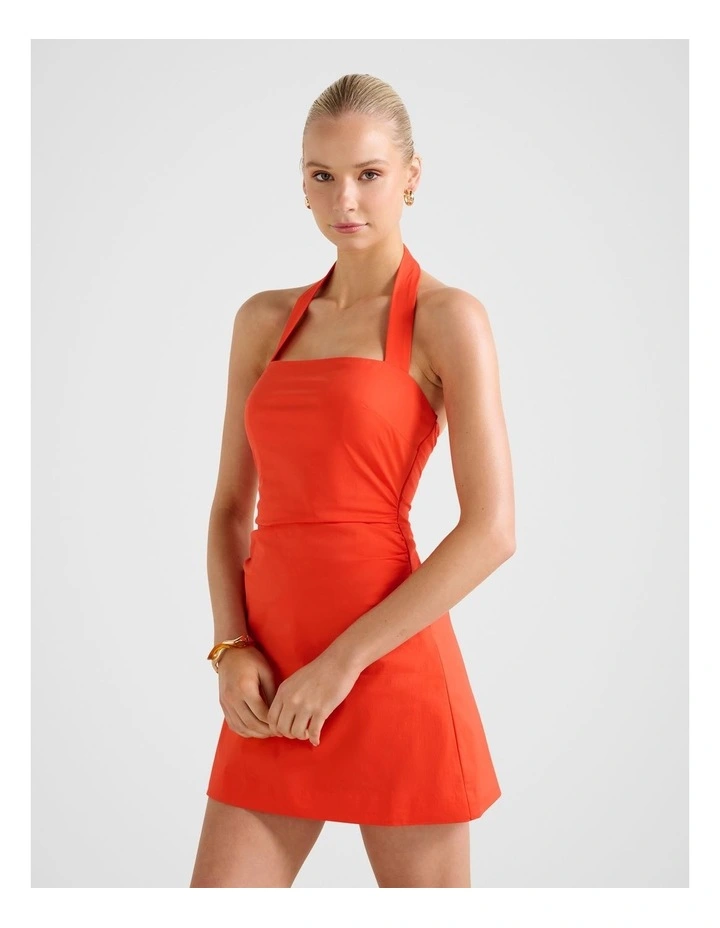 Imogen Stretch Cotton Halter Neck Mini Dress in Orange image 3