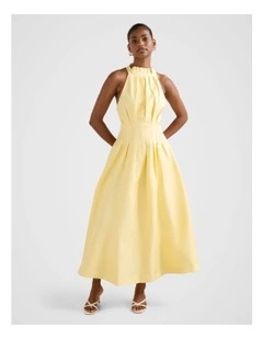 Miller Pleated Halter Neck Midi Dress in Yellow