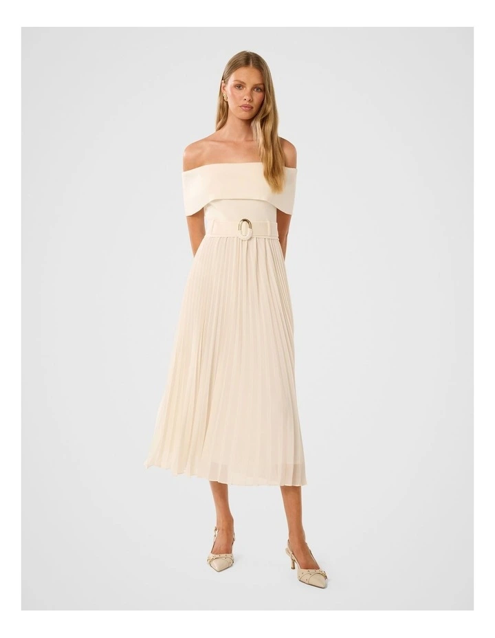 Capri Bardot Pleated Hem Midi Dress in Cream image 1
