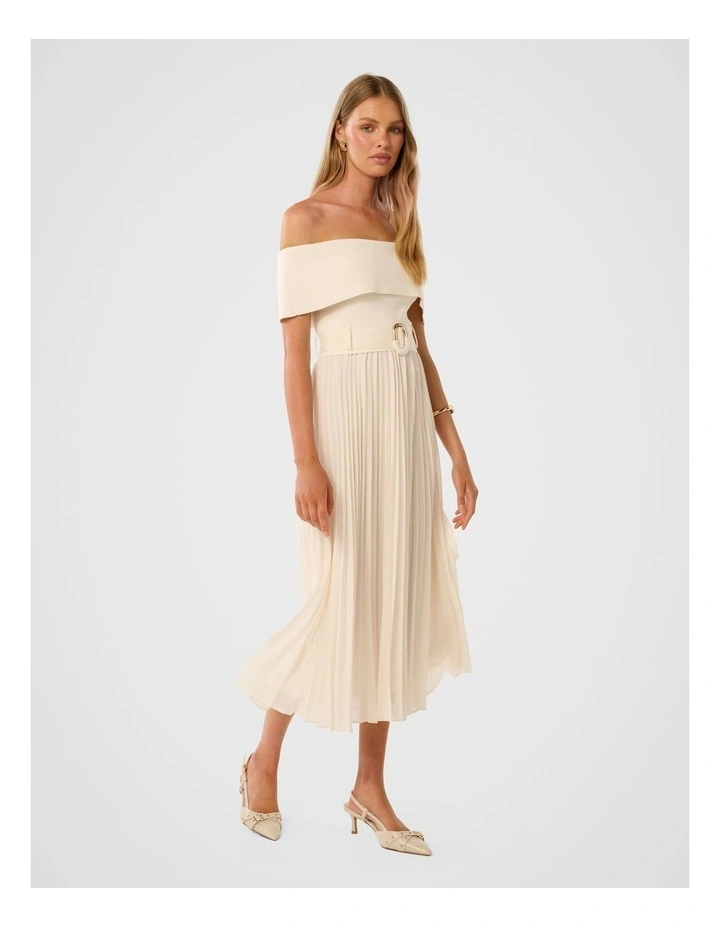 Capri Bardot Pleated Hem Midi Dress in Cream image 3