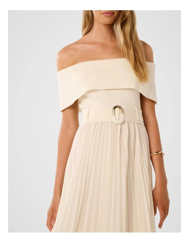 Capri Bardot Pleated Hem Midi Dress in Cream image 4