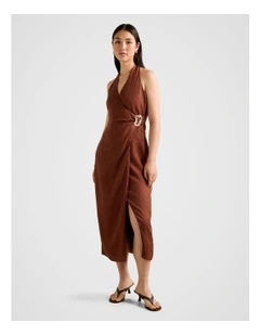 Livia Linen Hardware Wrap Midi Dress in Brown