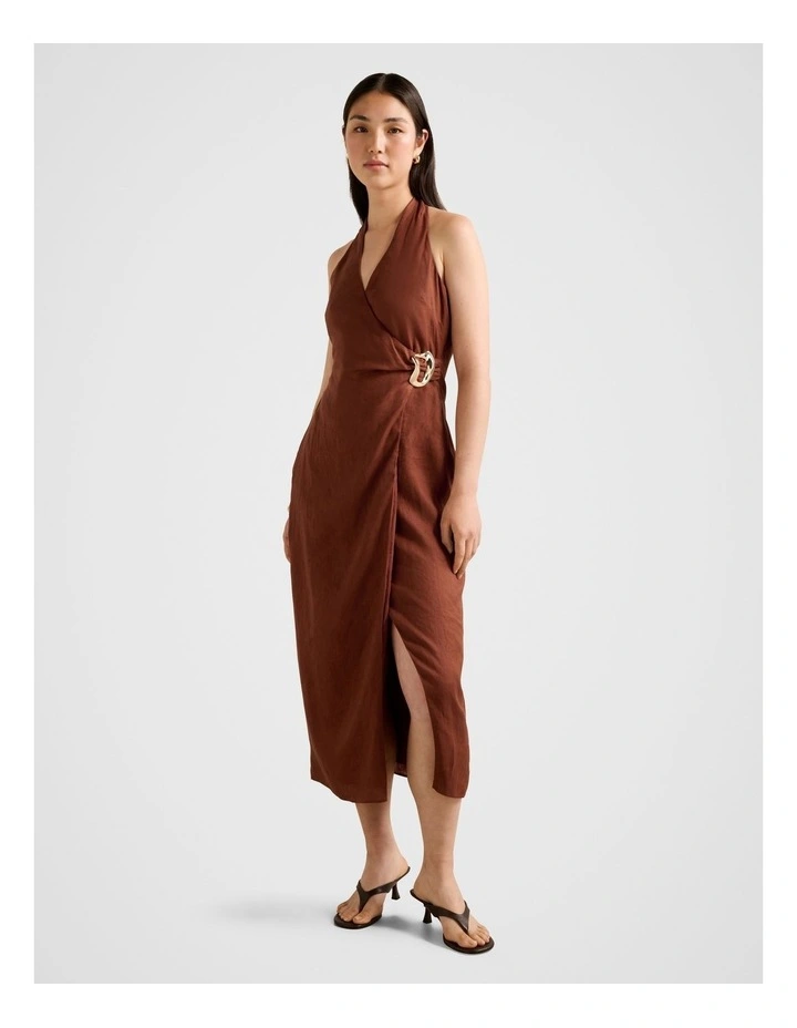 Livia Linen Hardware Wrap Midi Dress in Brown image 1