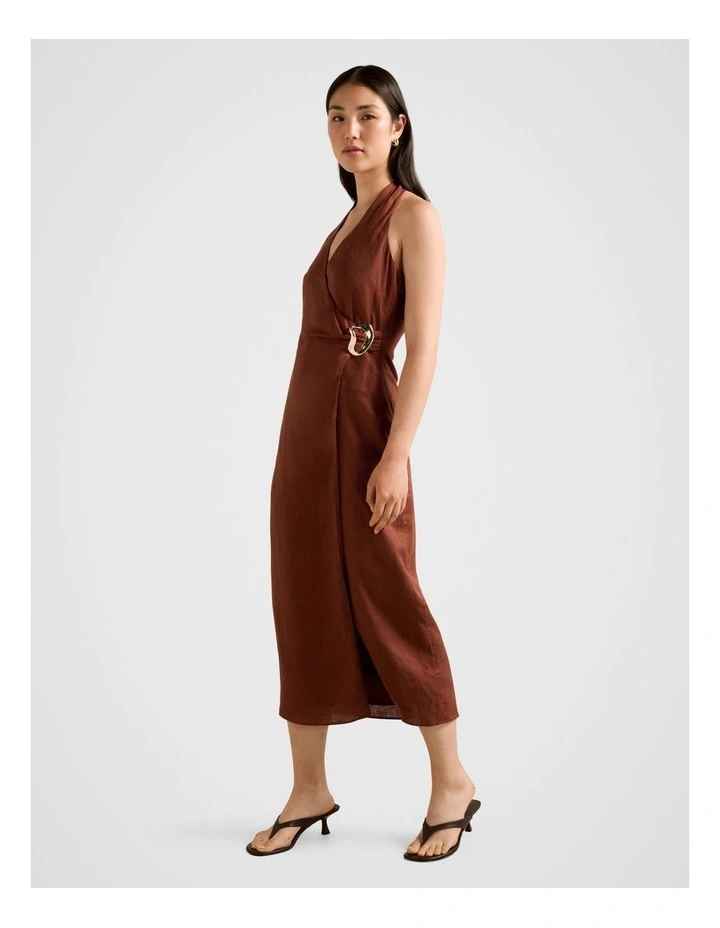 Livia Linen Hardware Wrap Midi Dress in Brown image 3