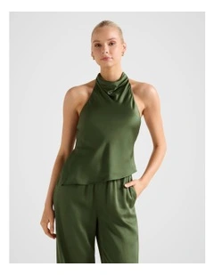 Skyler Halter Neck Satin Top in Green