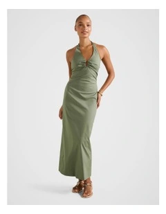 Stretch Cotton Halter Neck Midi Dress in Green