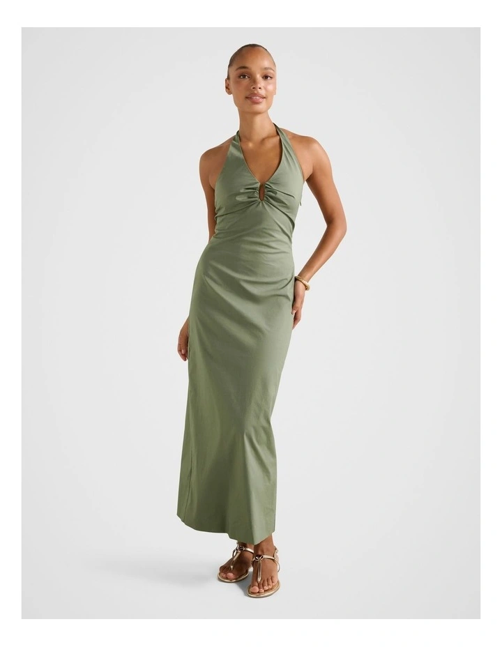Stretch Cotton Halter Neck Midi Dress in Green image 1