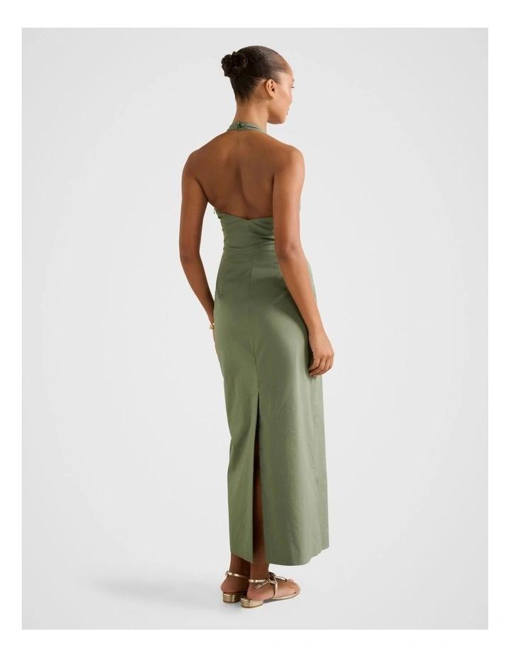 Stretch Cotton Halter Neck Midi Dress in Green image 2