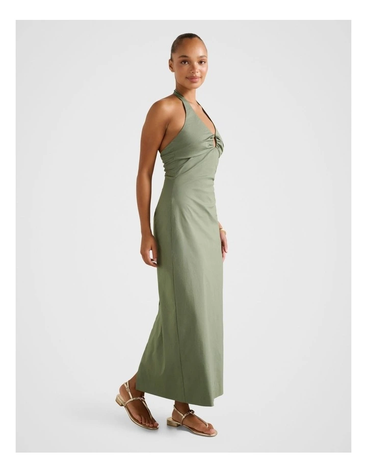 Stretch Cotton Halter Neck Midi Dress in Green image 3