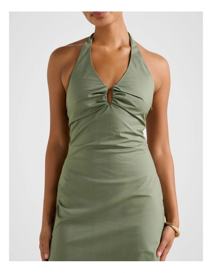 Stretch Cotton Halter Neck Midi Dress in Green image 4