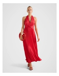 Natasha Pleated Satin Halter Neck Maxi Dress in Red