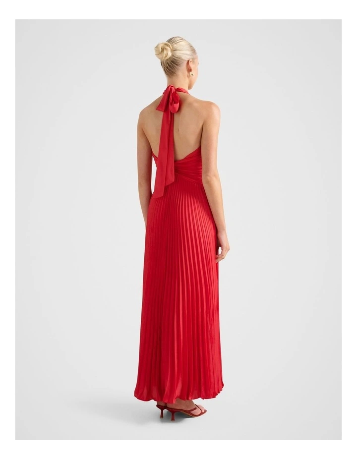 Natasha Pleated Satin Halter Neck Maxi Dress in Red image 2