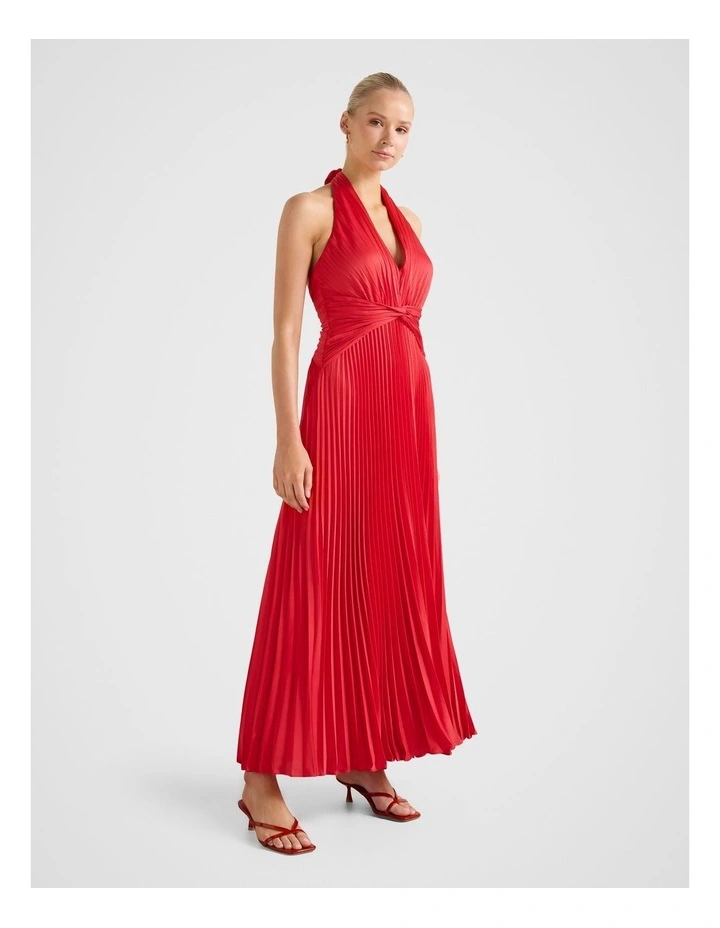 Natasha Pleated Satin Halter Neck Maxi Dress in Red image 3
