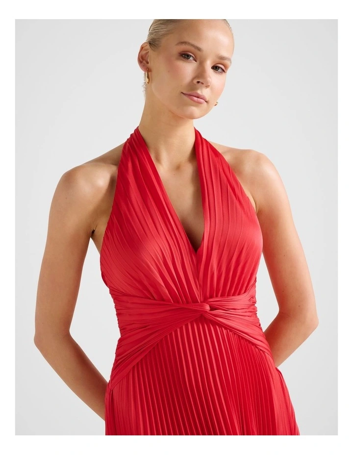 Natasha Pleated Satin Halter Neck Maxi Dress in Red image 4