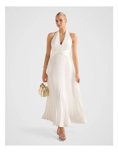 Natasha Pleated Satin Halter Neck Maxi Dress in White