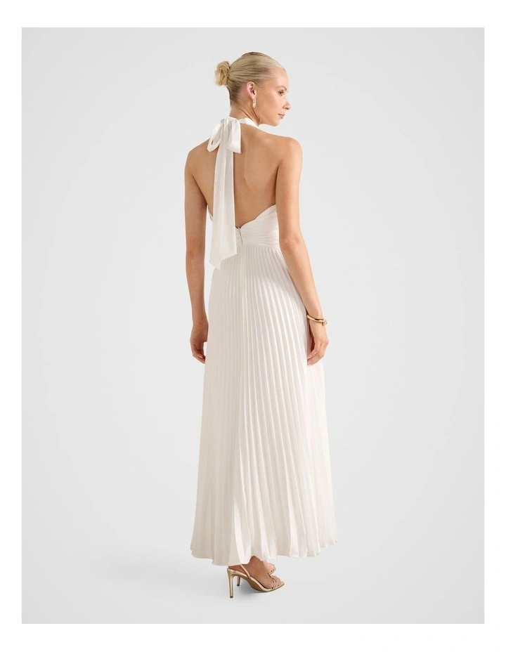 Natasha Pleated Satin Halter Neck Maxi Dress in White image 2