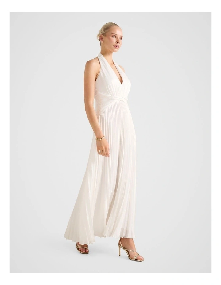 Natasha Pleated Satin Halter Neck Maxi Dress in White image 3