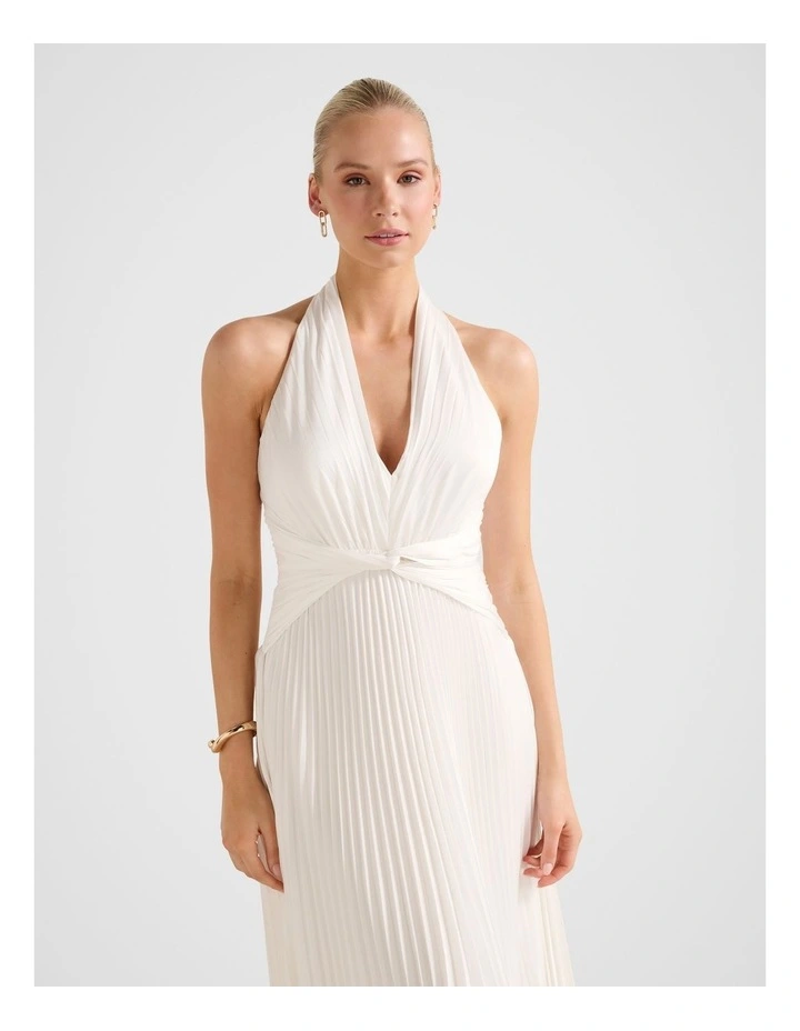 Natasha Pleated Satin Halter Neck Maxi Dress in White image 4
