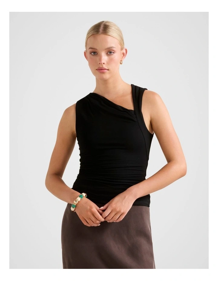 Rory Asymmetrical Neck Jersey Tank Top in Black image 1