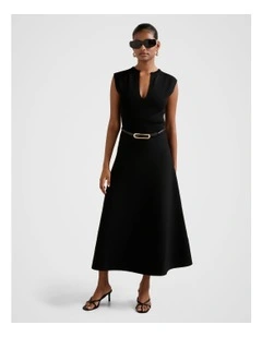 Celia Extended Shoulder Midi Dress in Black