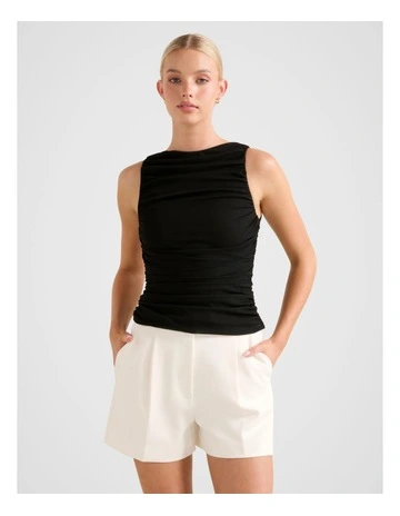 Pippa Ruched Boat Neck Top in Black
