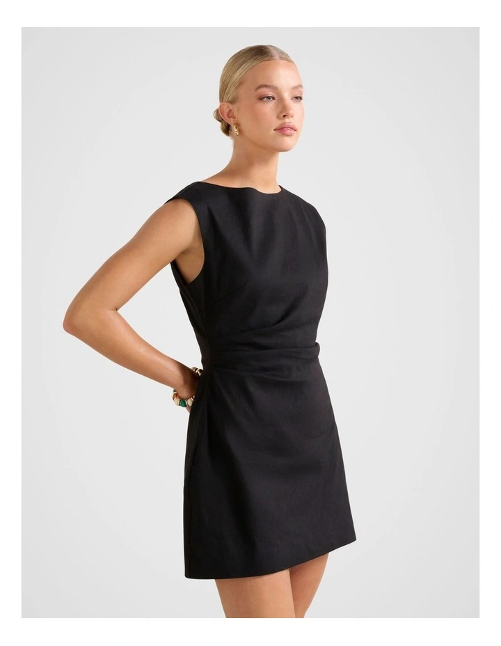 Sage Stretch Linen Mini Dress in Black image 3
