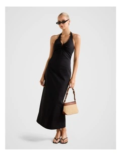 Tia Stretch Cotton Halter Neck Midi Dress in Black
