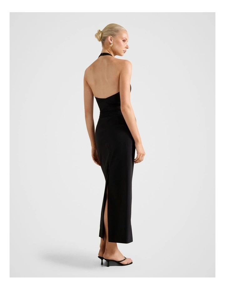 Tia Stretch Cotton Halter Neck Midi Dress in Black image 2