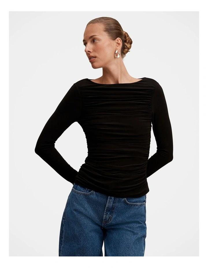 Monica Ruched Boat Neck Top in Black image 1