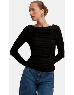 Monica Ruched Boat Neck Top in Black