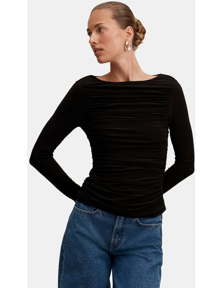 Monica Ruched Boat Neck Top in Black image 1