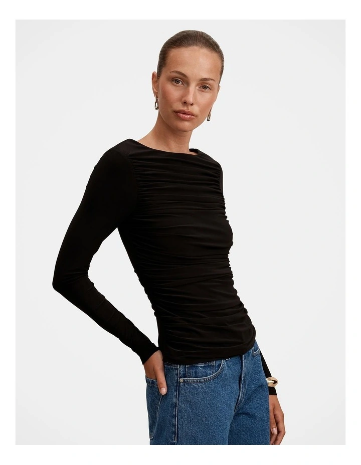 Monica Ruched Boat Neck Top in Black image 3