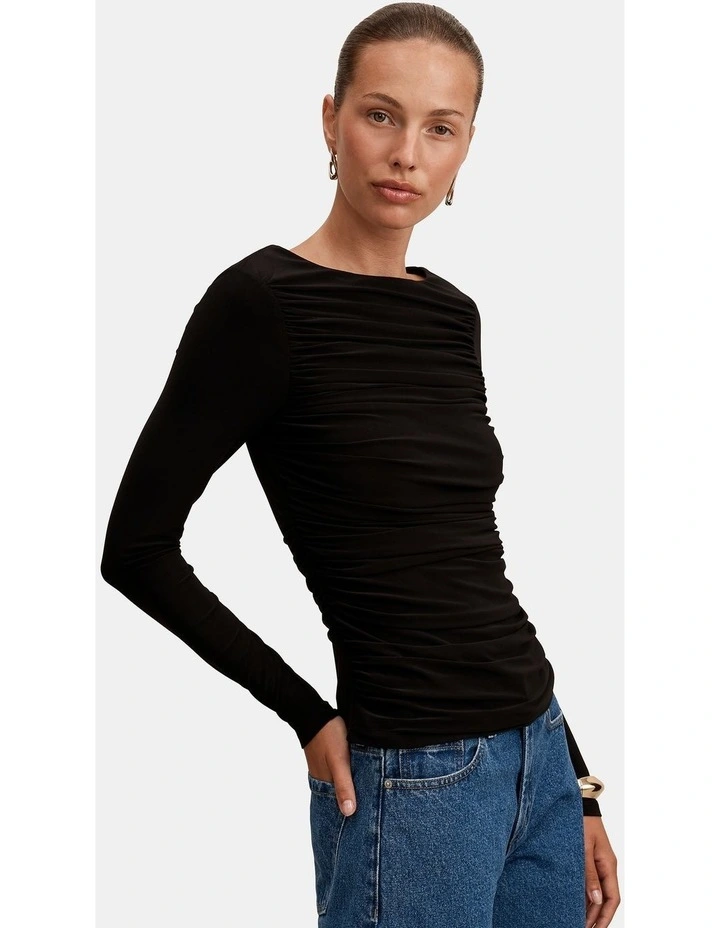Monica Ruched Boat Neck Top in Black image 3