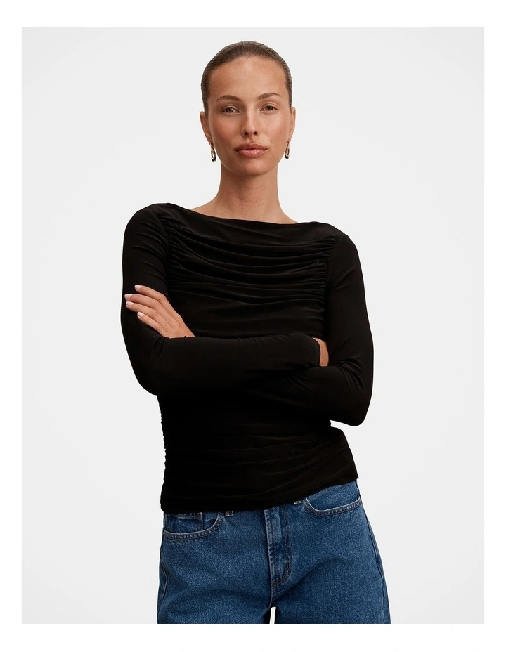 Monica Ruched Boat Neck Top in Black image 4