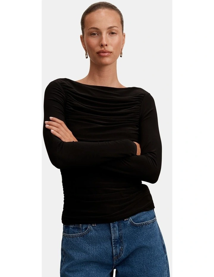 Monica Ruched Boat Neck Top in Black image 4
