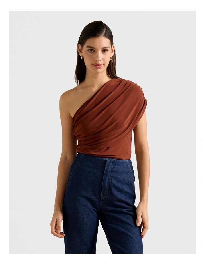Bronte Draped One Shoulder Top in Brown image 1