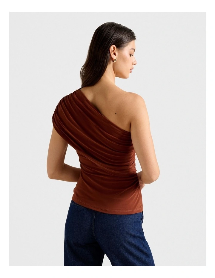 Bronte Draped One Shoulder Top in Brown image 2