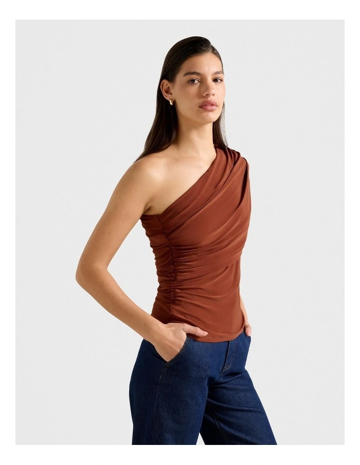 Bronte Draped One Shoulder Top in Brown image 3