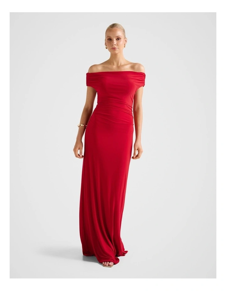 Romy Off Shoulder Jersey Maxi Dress in Red image 1