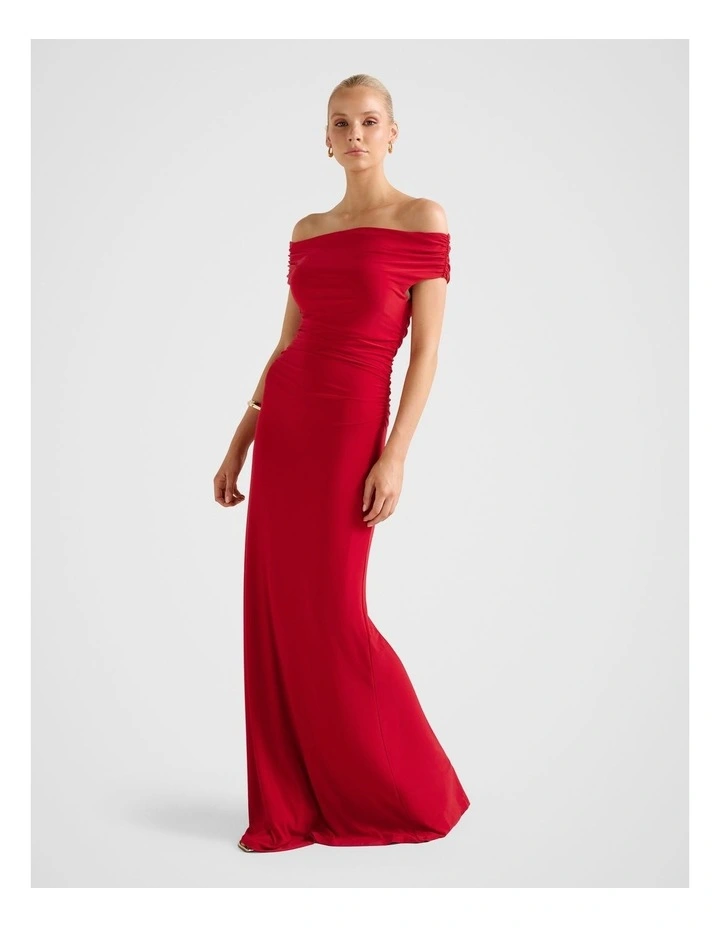 Romy Off Shoulder Jersey Maxi Dress in Red image 3