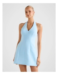 Riley Structured Halter Neck Mini Dress in Blue