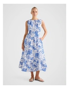 Bella Shirred Cotton Midi Dress in Multi